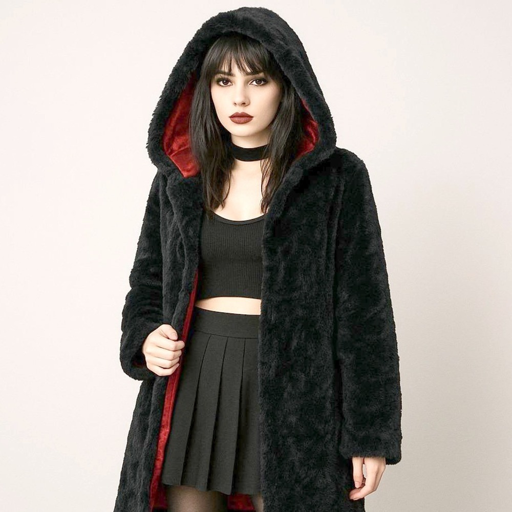 Dollhouse Black Faux Fur Hooded Coat with Red Lining